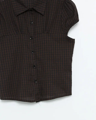 Checked Shirred Puff Sleeve Blouse