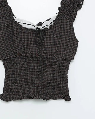 Checked ribbon top blouse