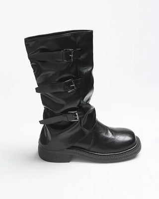 Square-toe triple-strap mid-calf boots