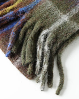 Wool mix check big fringe scarf