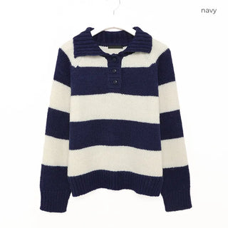 Striped button collar knit