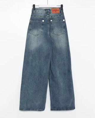 Mixed stud deep whisker wash denim pants