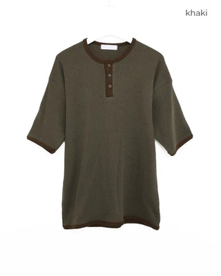 Henley neck waffle knit top