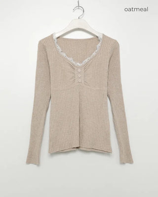 Lace neckline ribbed knit