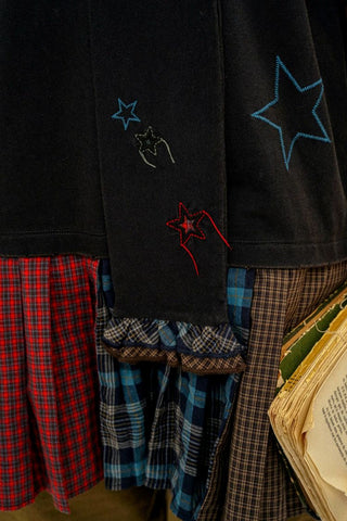 [Moromoro2] Star Patchwork Pleated Check  T-Shirt