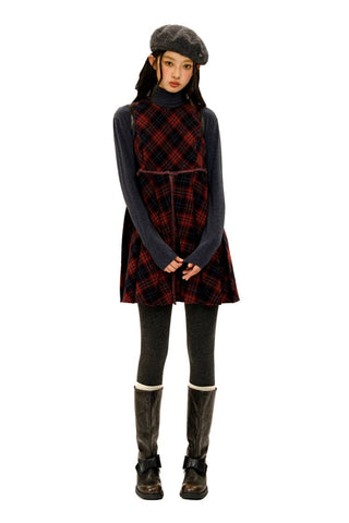 [Moromoro2] Wool Plaid Pleated Bow Vest  Dress