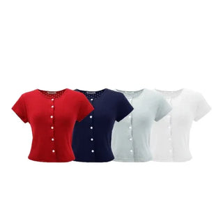Round neck perforated short-sleeved cardigan knit