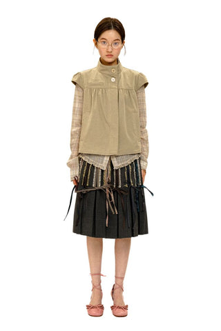 [Moromoro2] Lace Trim Plaid Patchwork Pleated  Skirt