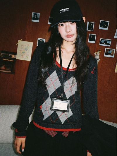 [Moromoro2] Argyle Faux Two-piece Sweater
