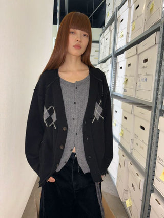 [NeverSeez] Argyle Layered Knit Cardigan