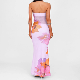 Flower print backless mesh tube maxi dress