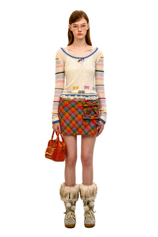 [Moromoro2] Wool Plaid Bow Mini Skirt