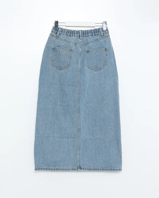 Asymmetrical 3-button denim long skirt