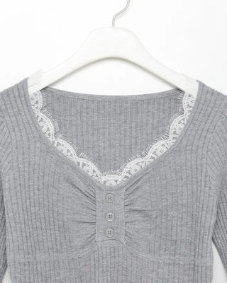 Lace neckline ribbed knit