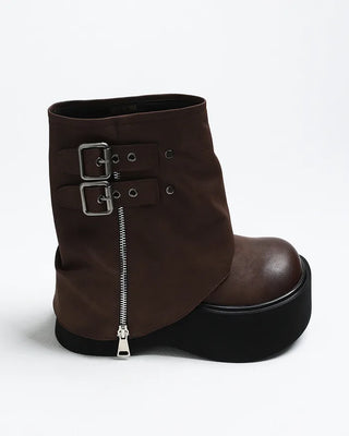 Buckle Zipper Leather Mid-Calf Boots