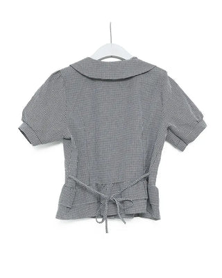 Stand-collar pleated short-sleeved blouse