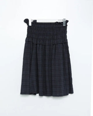 Waist-gathered check midi skirt