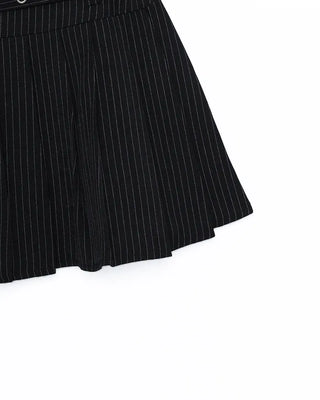 Double-belted pinstripe mini skirt