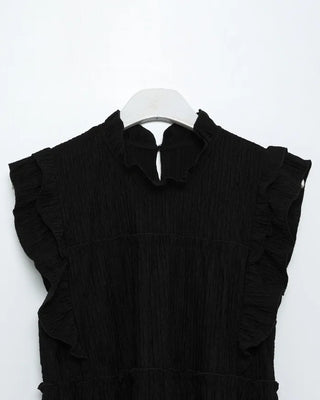 High-neck frilled neck and wide-leg pants set