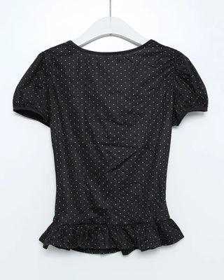 Polka Dot Ribbon Strap Puff Sleeve Short Sleeve T-Shirt