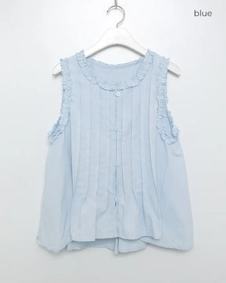Pintuck frill sleeveless flared button blouse