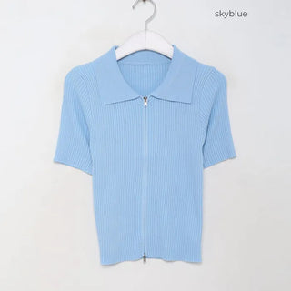 Colored Zipper Short-Sleeve Knit Cardigan