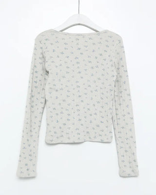 Deep Henley Neck Flower Pointelle Cut and Sew
