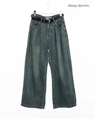 Double-pleated cotton wide-leg pants and belt set