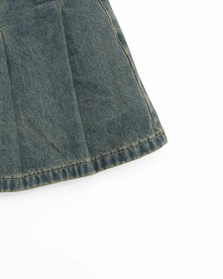 (Belt set) Denim pleated mini skirt
