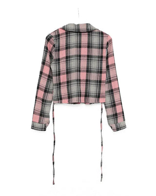 V-neck button-up check flannel blouse