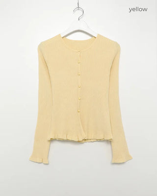 Frilled round neck ribbed cardigan