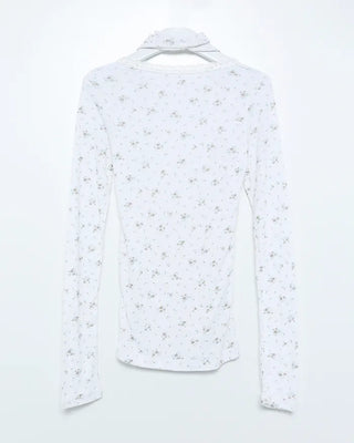 Tie-set lace jewel neck mini flower ribbed long T-shirt