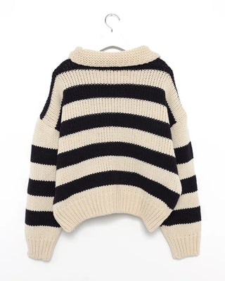 High-gauge knit polo neck wide striped sweater