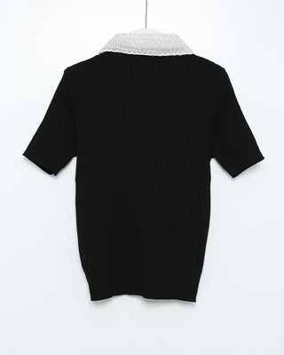 Pearl-embellished color-accented short-sleeved knit
