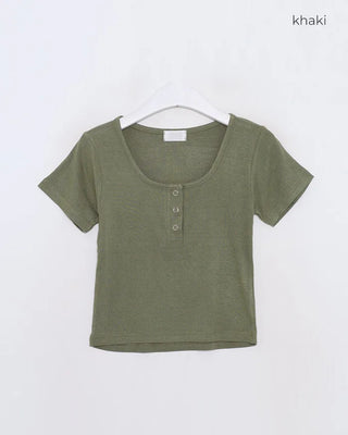 Button-down U-neck short-sleeved T-shirt