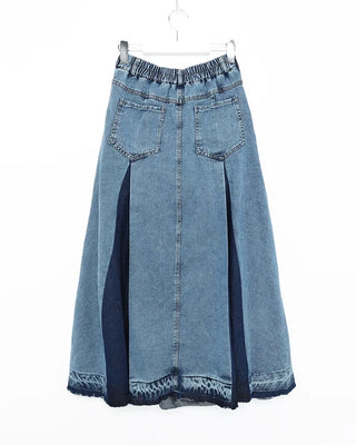 Slit two-tone denim long skirt