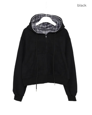 Inner tartan check cropped hooded parka