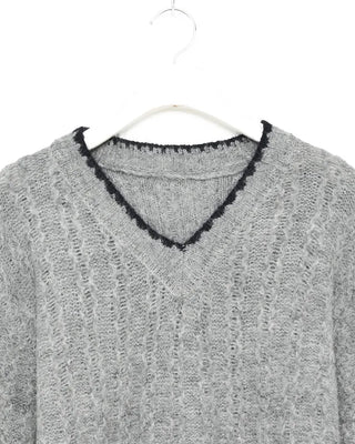 V-neck two-tone cable knit sweater