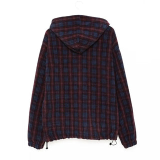 Checkered fleece knit hooded zip-up