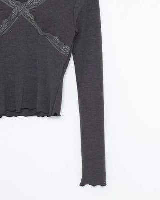 Lace V-neck ribbed slim T-shirt