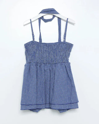 Checked Shirred Camisole Blouse & Scarf Set