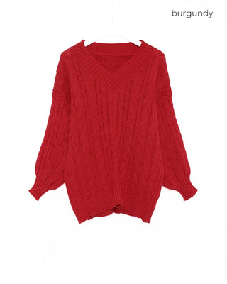 V-neck Cable Balloon Sleeve Long Knit