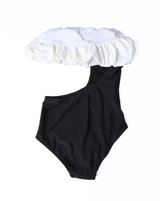 Bust-gathered slit one-piece swimsuit