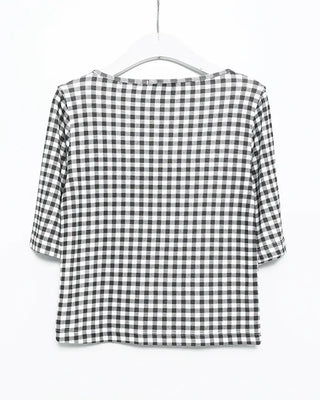 Gingham check boat neck 5/8 sleeve slim T-shirt