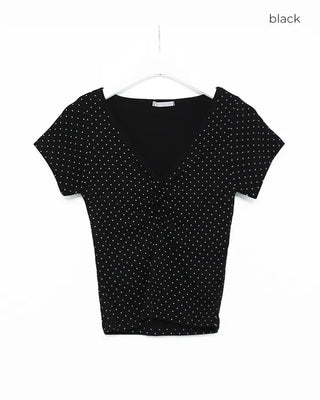 V-neck polka dot shirred short-sleeved T-shirt