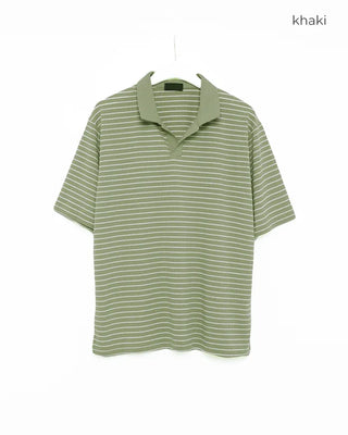(Unisex) Striped Open Collar Short Sleeve T-Shirt