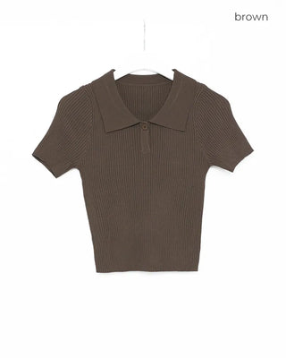Polo neck semi-cropped ribbed knit T-shirt