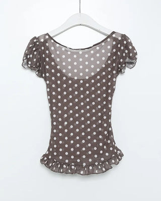 Polka Dot Gathered Slim Short-Sleeve Blouse