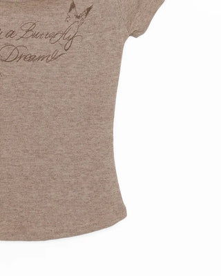 Ribbon Shoulder Butterfly Cap Ribbed T-Shirt