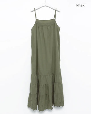 Neck hem punching lace long camisole dress